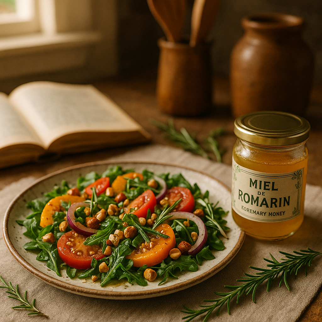 Salade colorée préparée avec du miel de romarin, présentée sur une assiette en céramique, avec des légumes et des herbes de romarin.