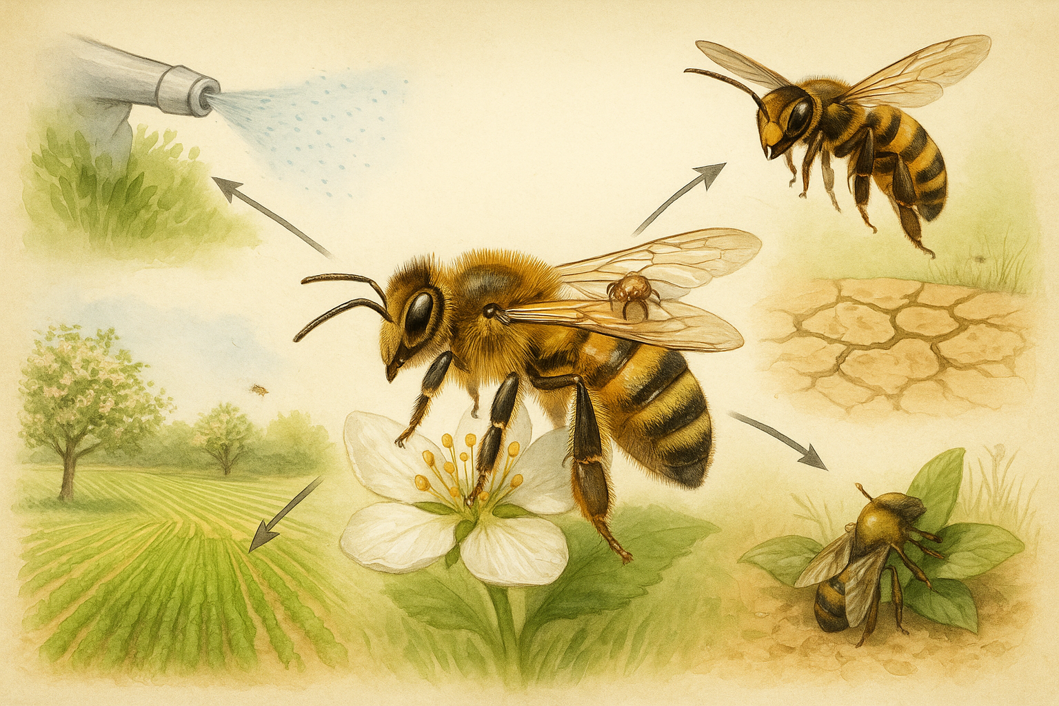 Illustration des principales menaces pesant sur les abeilles