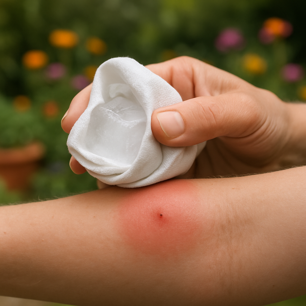 Une main tenant un glaçon sur un bras enflé par une piqûre de bourdon, montrant une réaction aux premiers secours.
