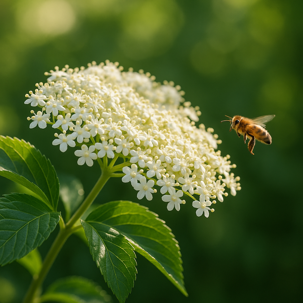 Fleurs de sureau noir attirant une abeille en pleine pollinisation.