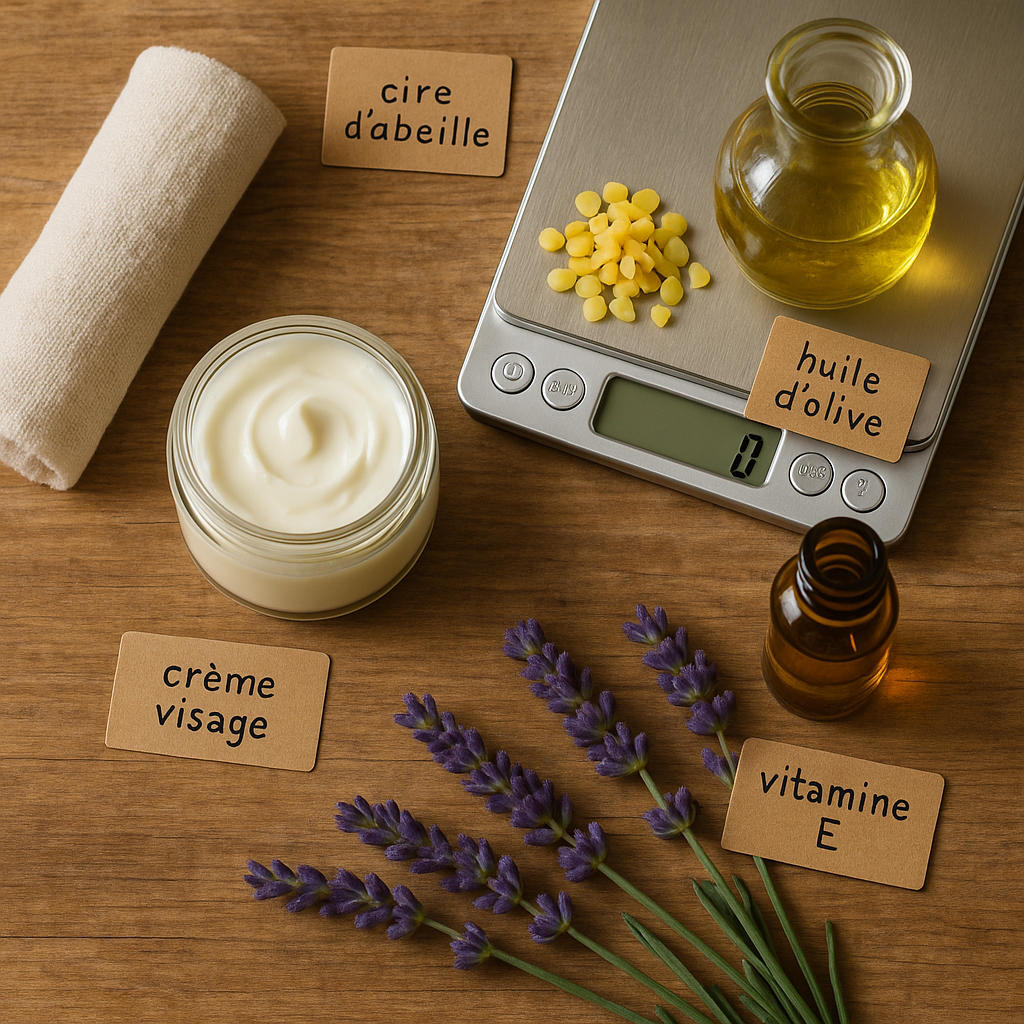 Vue aérienne d'une table en bois avec des ingrédients naturels pour la fabrication de crème visage maison avec cire d'abeille.