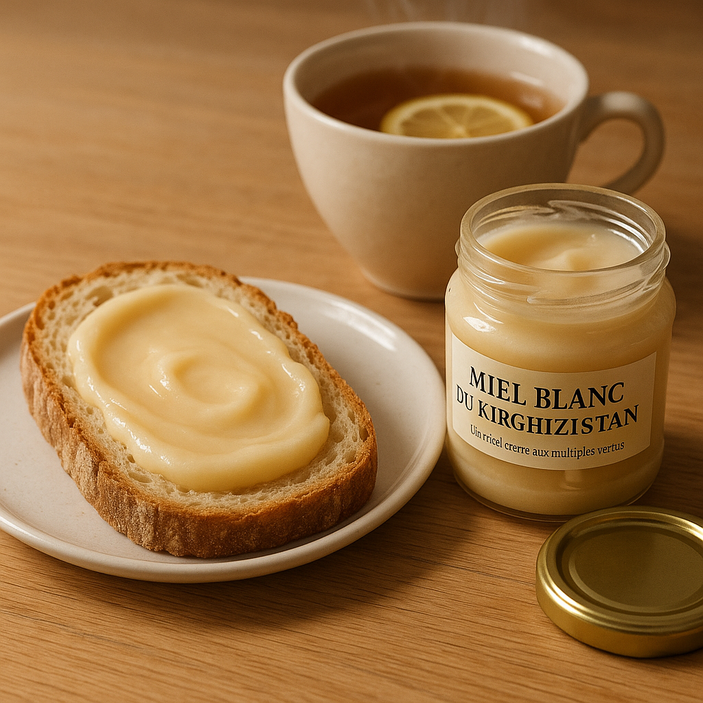 Une tartine de pain avec du miel blanc du Kirghizistan sur une assiette, avec un pot de miel et une tasse de thé en arrière-plan.