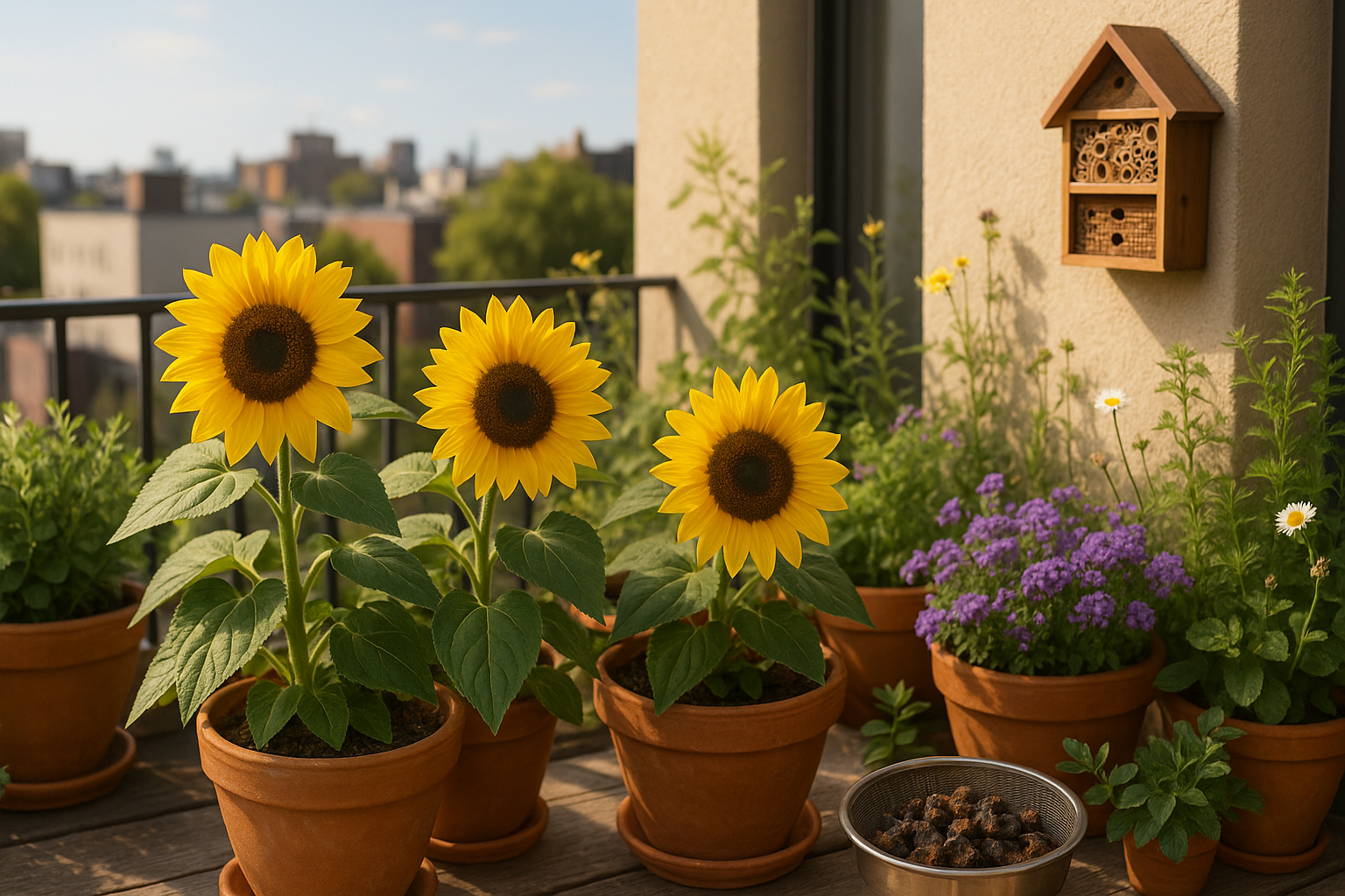 Tournesols en pot sur un balcon urbain