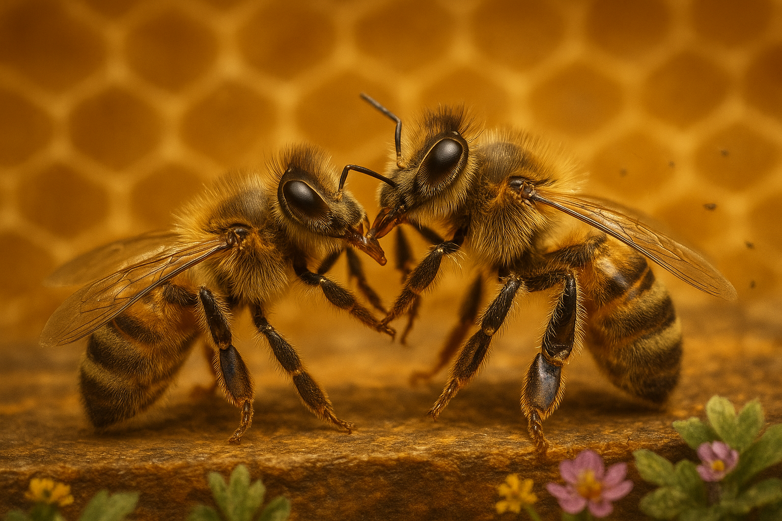 Deux abeilles réalisant une trophallaxie dans la ruche