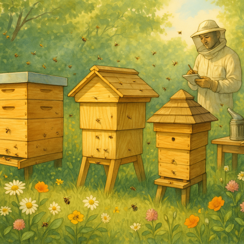 Différents types de ruches dans un jardin avec apiculteur prenant des notes