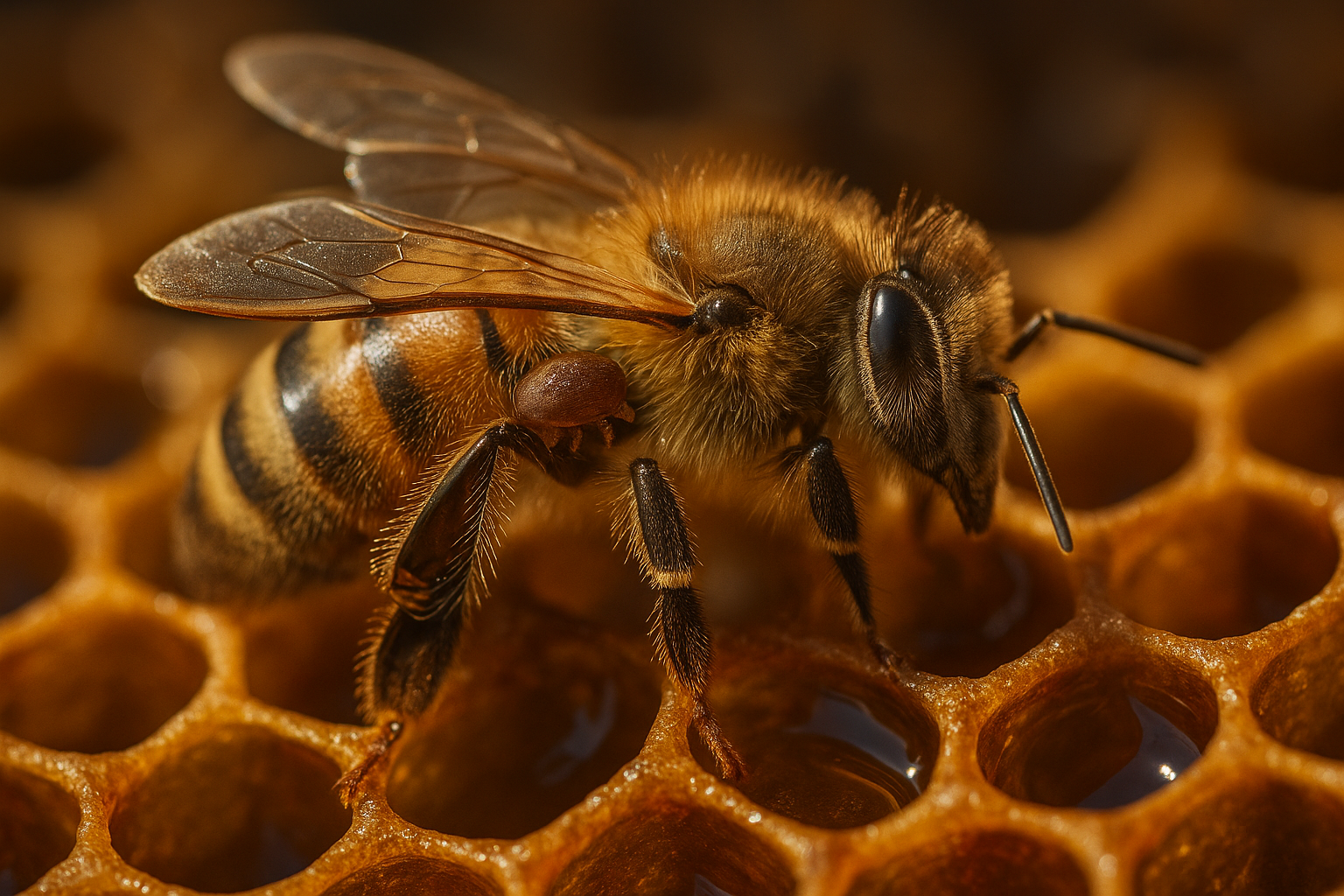 Abeille avec varroa sur alvéole de miel
