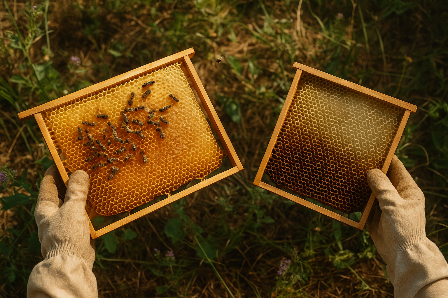 Cadres de ruche comparés : un plein de miel, l'autre presque vide